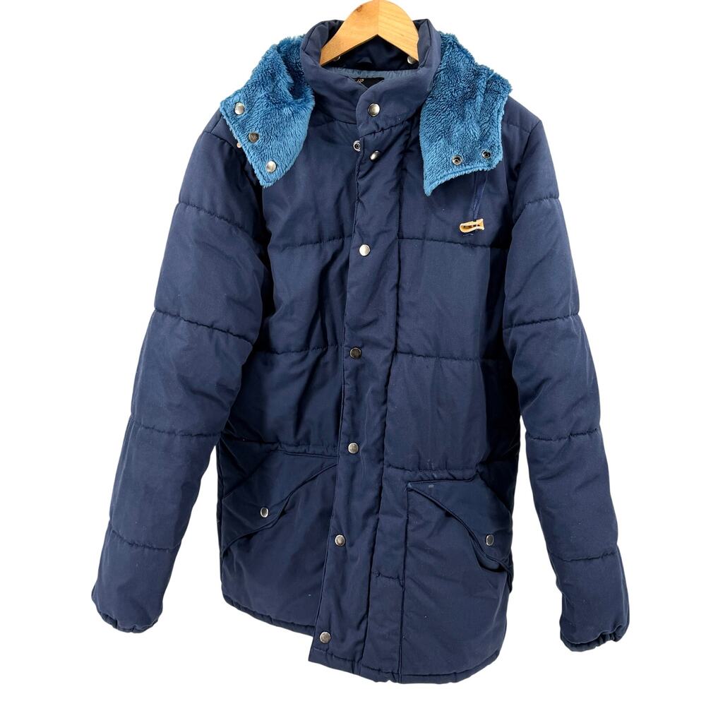 Vintage 70s Sears Navy Blue Snapped Removable Hood Puffer Parka Jacket